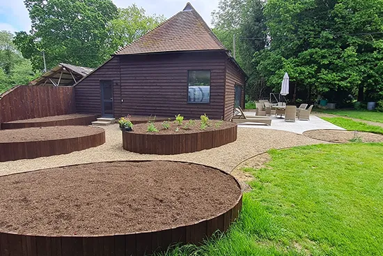 RDC Landscapes - Raised Planters with Windbreak and Limestone Paving, Biddenden